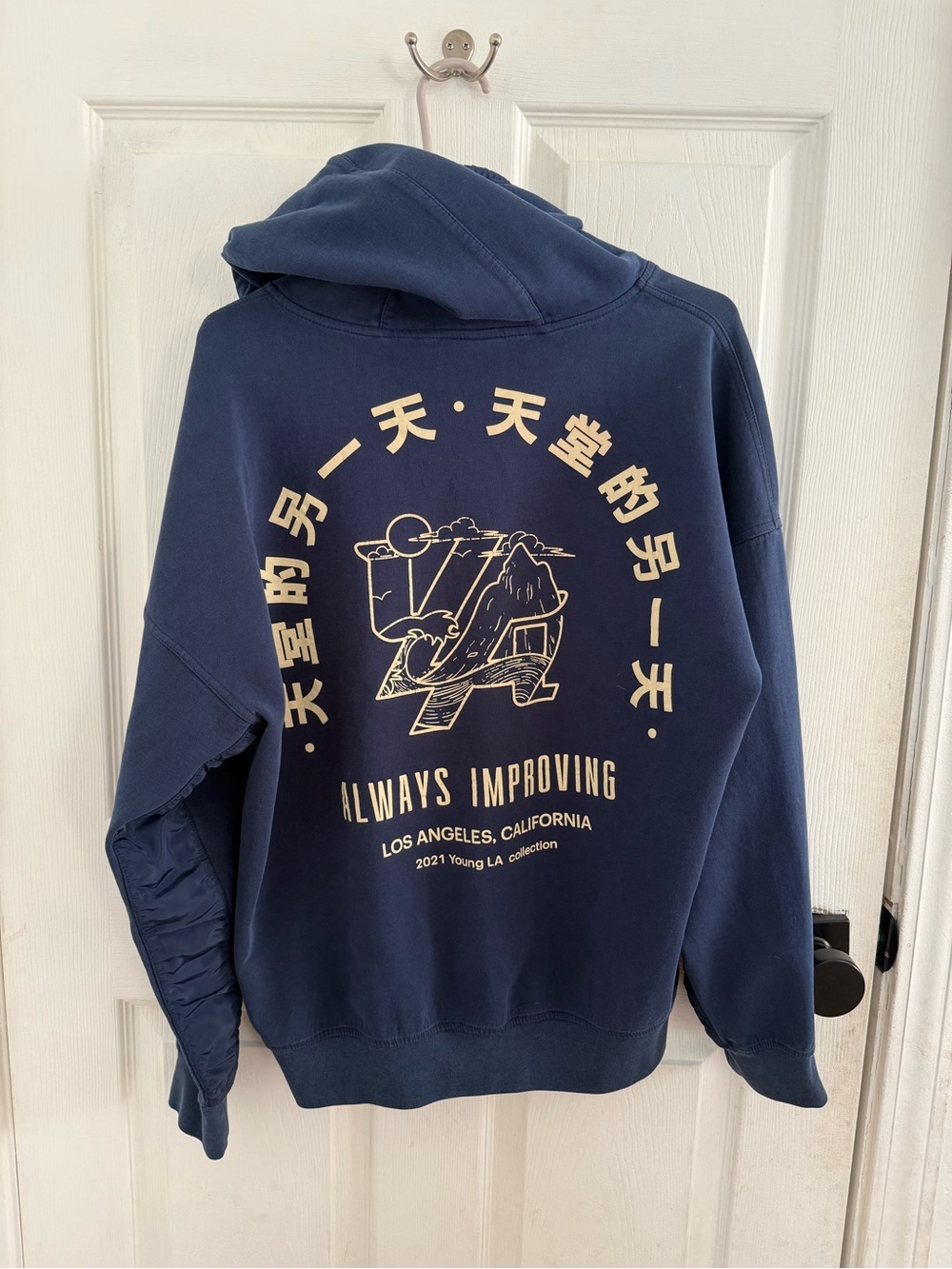 YoungLA Always Improving 2021 Graphic Hoodie — Navy Blue — Men’s Large